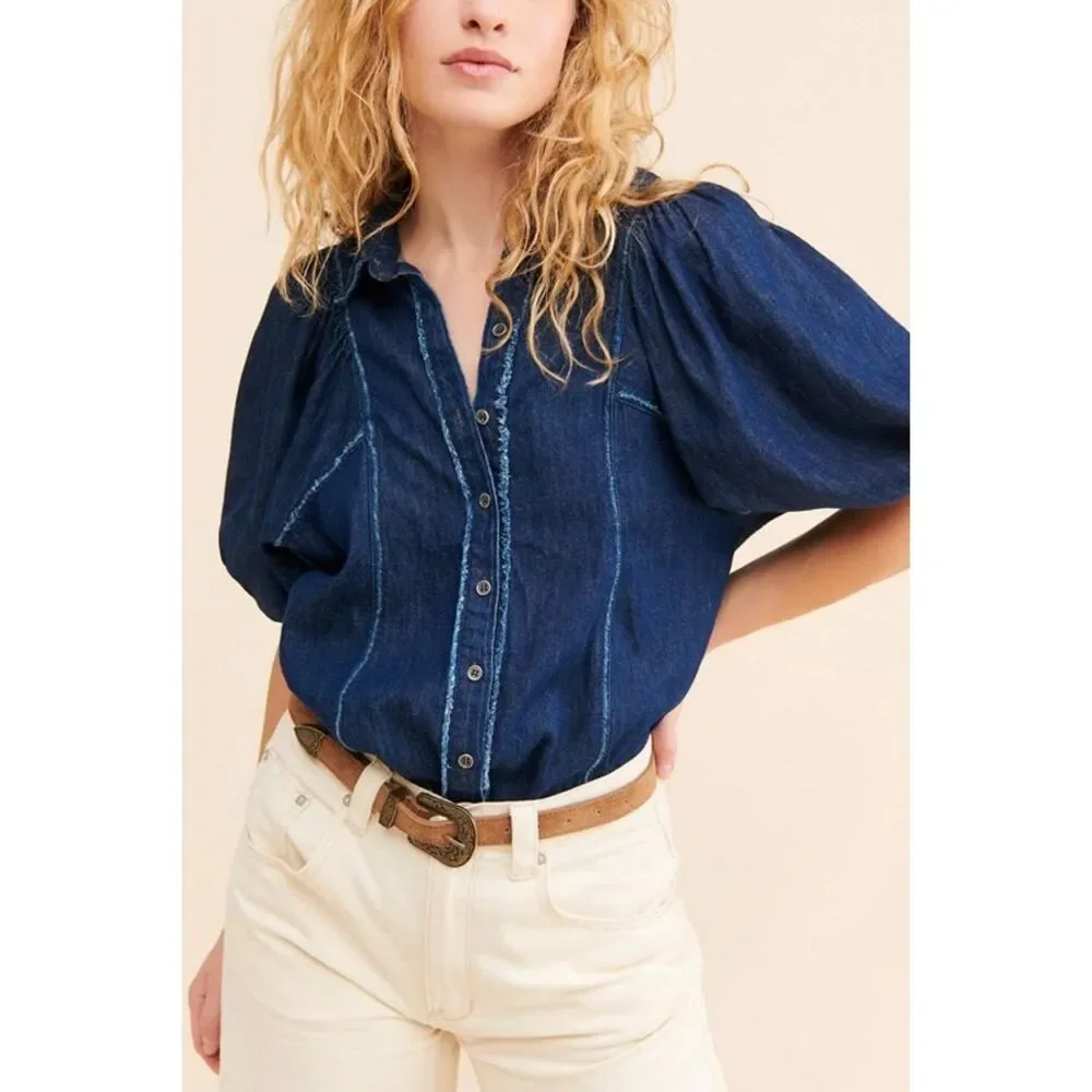 Free People Suhrie Puff Sleeve Denim Button-Up Shirt XS